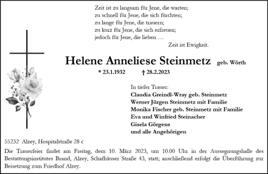 Traueranzeigen von Helene Anneliese Steinmetz | www.vrm-trauer.de