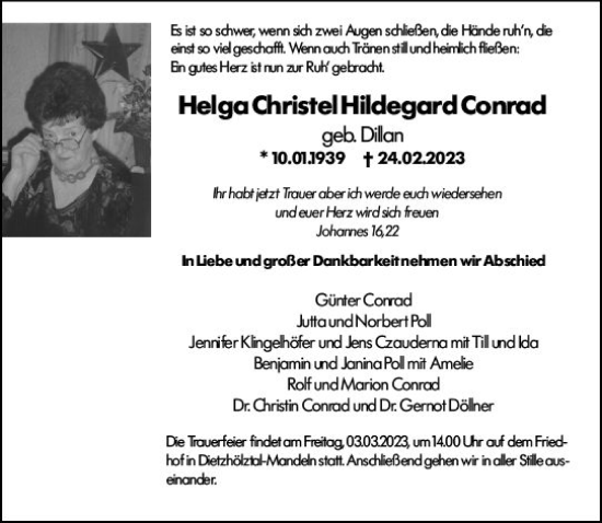 Traueranzeigen Von Helga Christel Hildegard Conrad Vrm Trauerde 