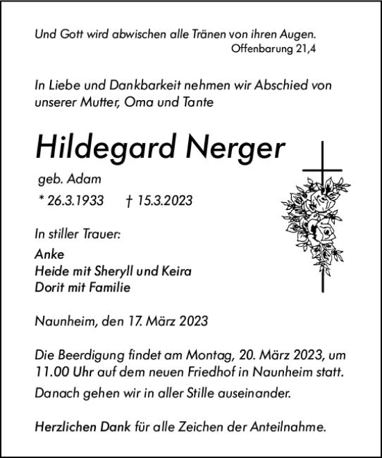 Traueranzeigen Von Hildegard Nerger Vrm Trauerde