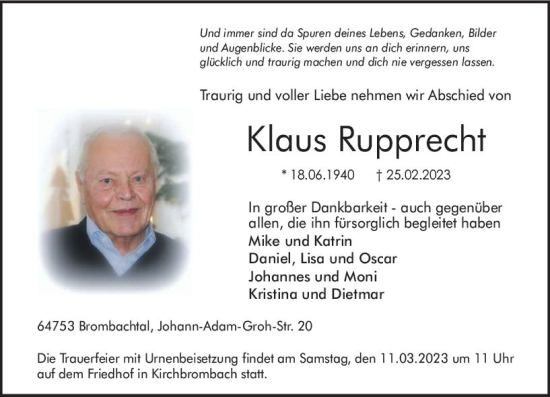 Traueranzeige von Klaus Rupprecht von Odenwälder Echo