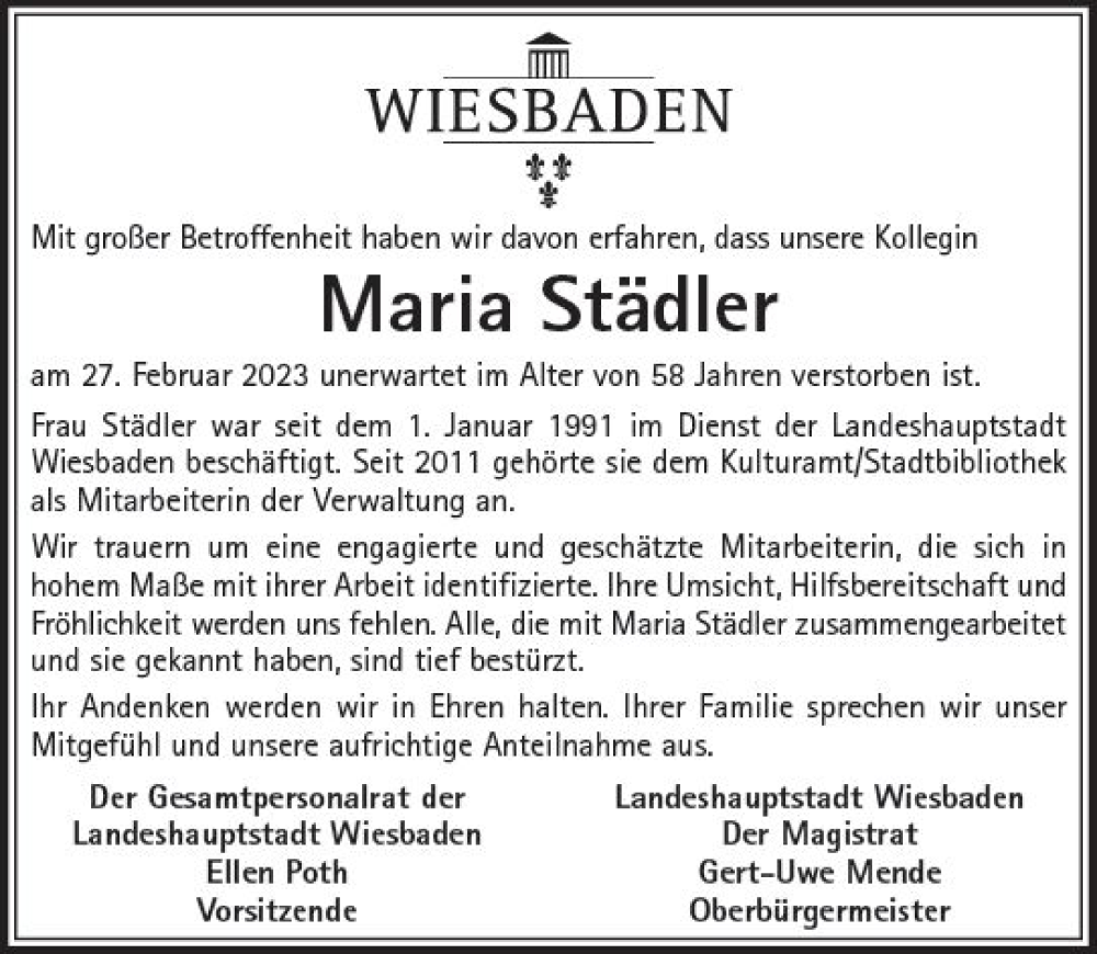  Traueranzeige für Maria Städler vom 18.03.2023 aus Nassauische Neue Presse