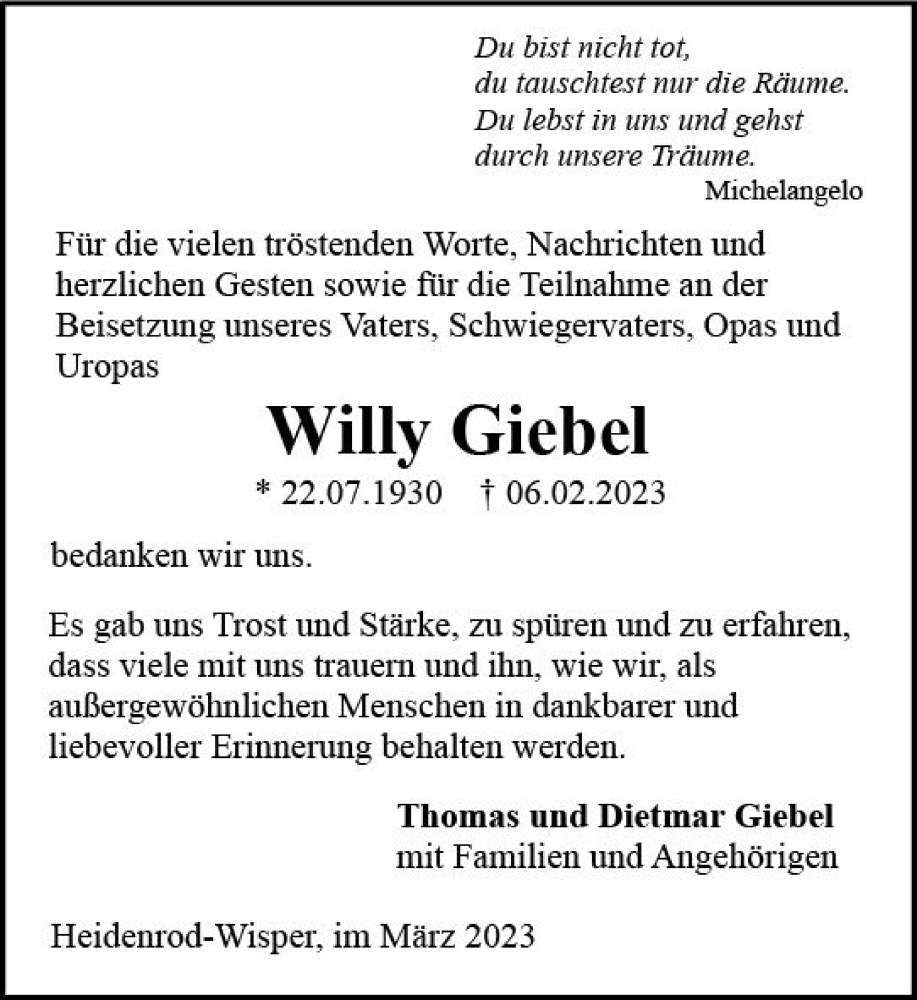 Traueranzeigen von Willy Giebel | www.vrm-trauer.de