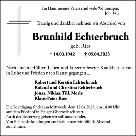 Traueranzeigen Von Brunhild Echterbruch | Www.vrm-trauer.de