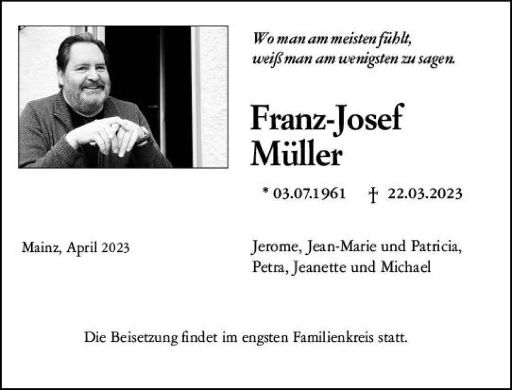  Traueranzeige für Franz-Josef Müller vom 04.04.2023 aus Allgemeine Zeitung Mainz