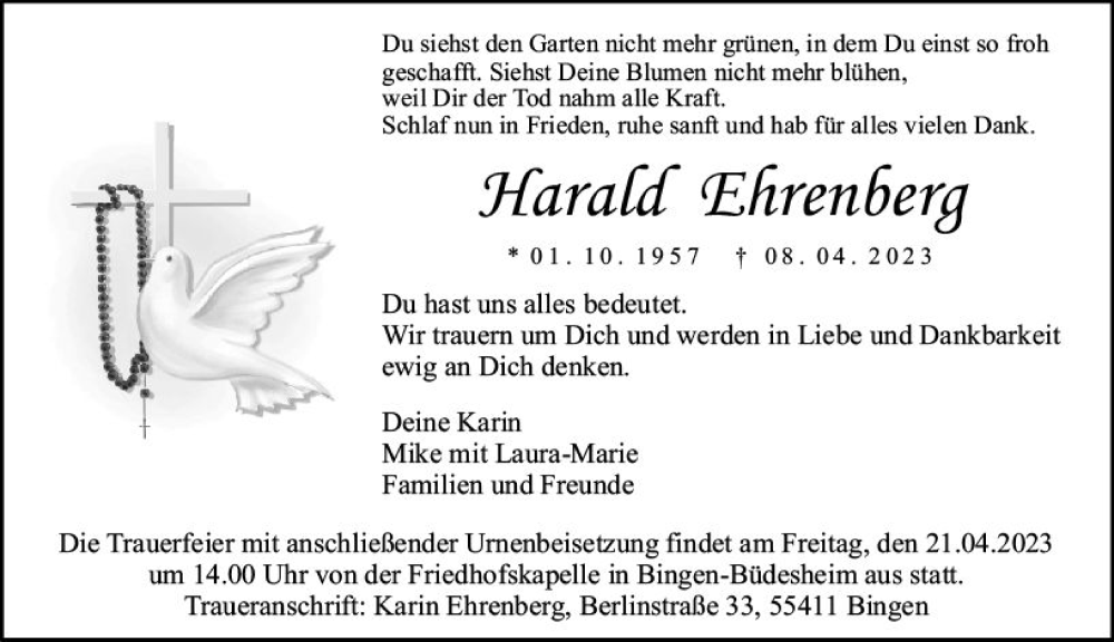  Traueranzeige für Harald Ehrenberg vom 15.04.2023 aus Bingen/Ingelheim WOBL inkl. Neue Binger Ztg.