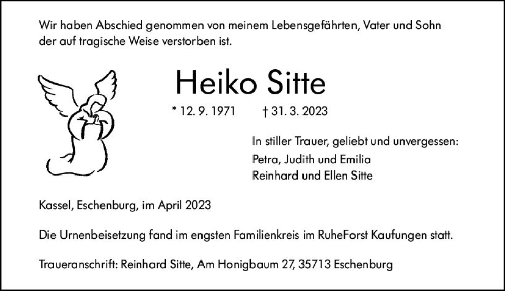  Traueranzeige für Heiko Sitte vom 29.04.2023 aus Hinterländer Anzeiger