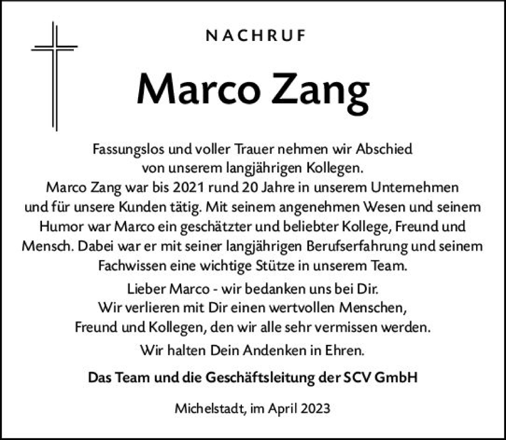  Traueranzeige für Marco Zang vom 08.04.2023 aus Odenwälder Echo