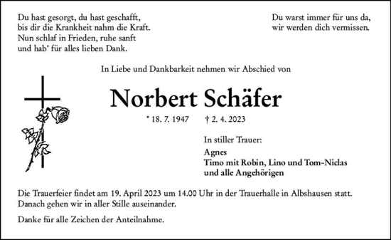 Traueranzeigen Von Norbert Schäfer 