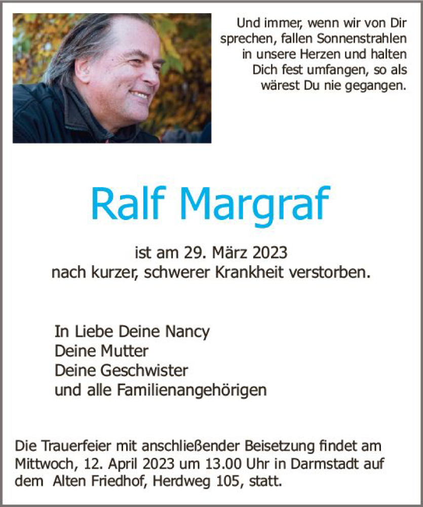  Traueranzeige für Ralf Margraf vom 08.04.2023 aus Darmstädter Echo