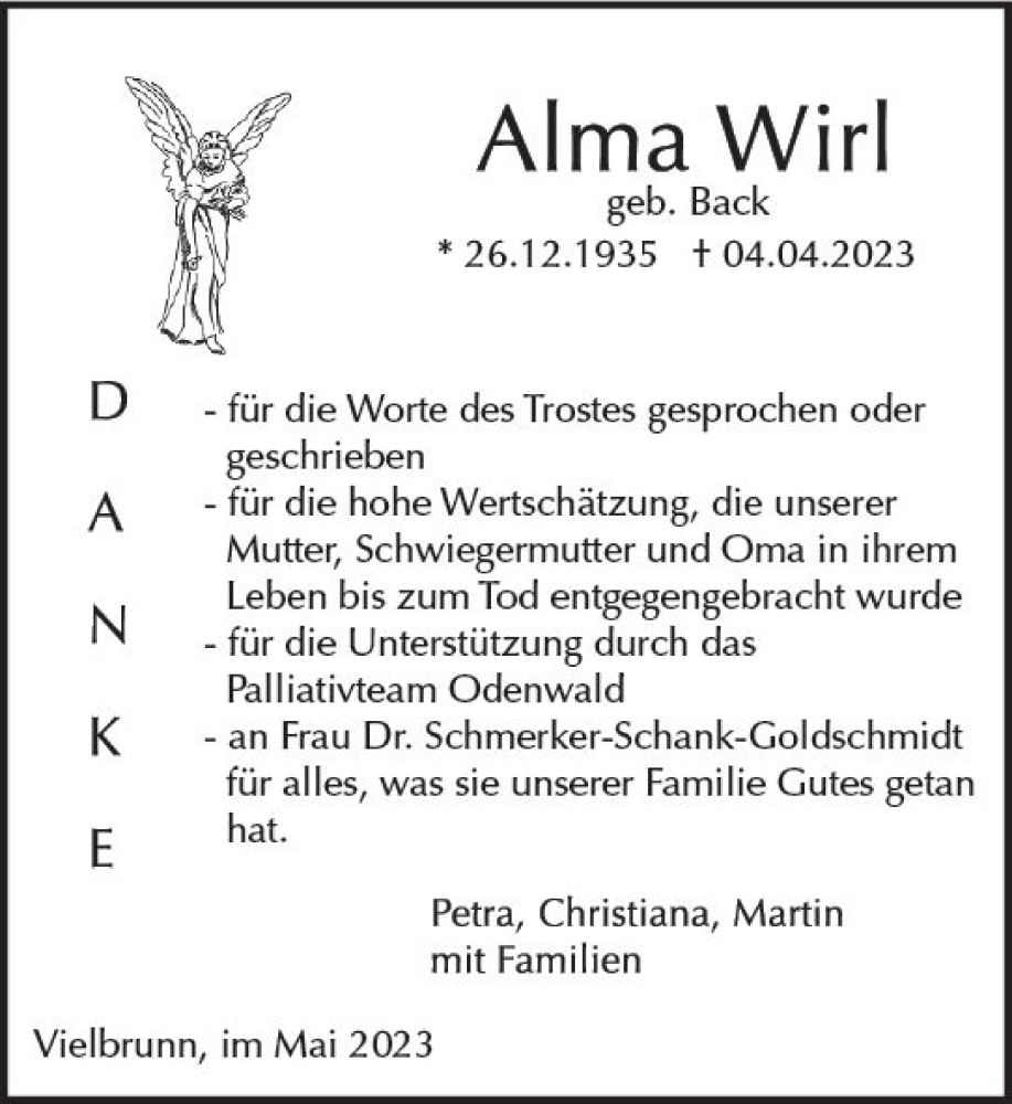  Traueranzeige für Alma Wirl vom 13.05.2023 aus Odenwälder Echo