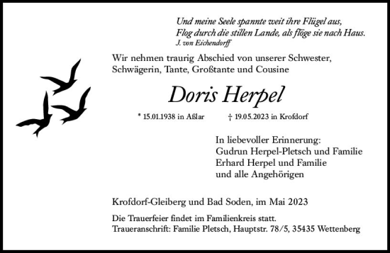 Traueranzeigen Von Doris Herpel Vrm Trauerde 6850