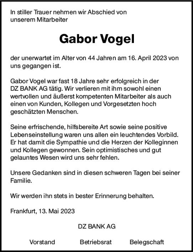  Traueranzeige für Gabor Vogel vom 13.05.2023 aus Wiesbadener Kurier