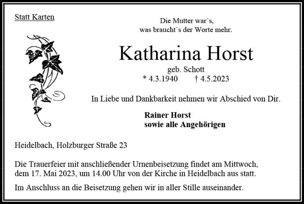  Traueranzeige für Katharina Horst vom 13.05.2023 aus VRM Trauer