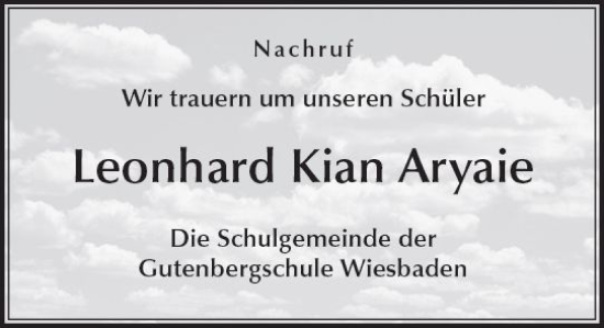 Traueranzeige von Leonhard Kian Aryaie von Wiesbadener Kurier