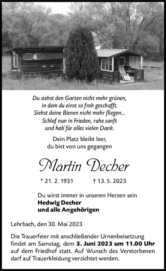 Traueranzeigen Von Martin Decher | Www.vrm-trauer.de