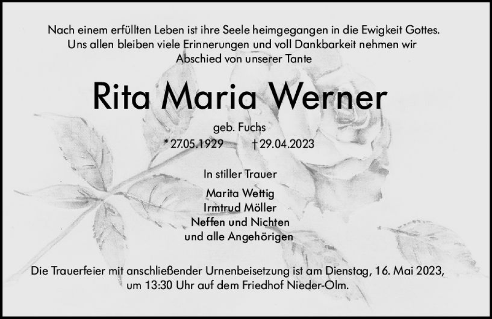 Traueranzeigen Von Rita Maria Werner | Www.vrm-trauer.de