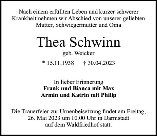 Traueranzeige von Thea Schwinn von Darmstädter Echo