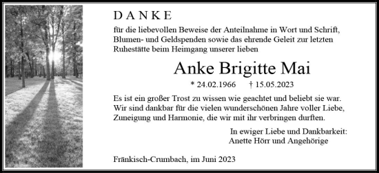 Traueranzeige von Anke Brigitte Mai von Odenwälder Echo