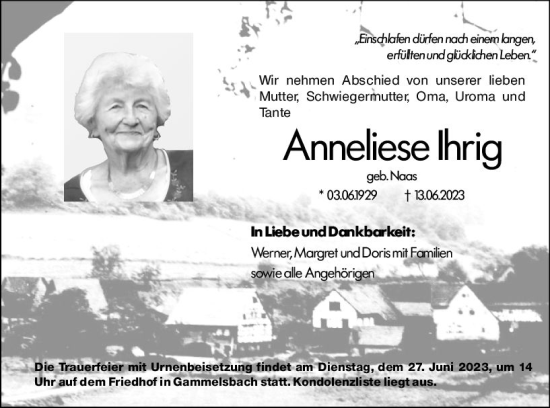 Traueranzeige von Anneliese Ihrig von Odenwälder Echo