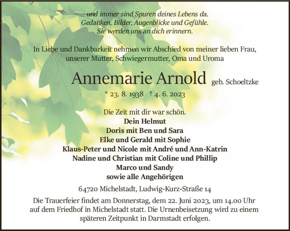  Traueranzeige für Annemarie Arnold vom 17.06.2023 aus Odenwälder Echo