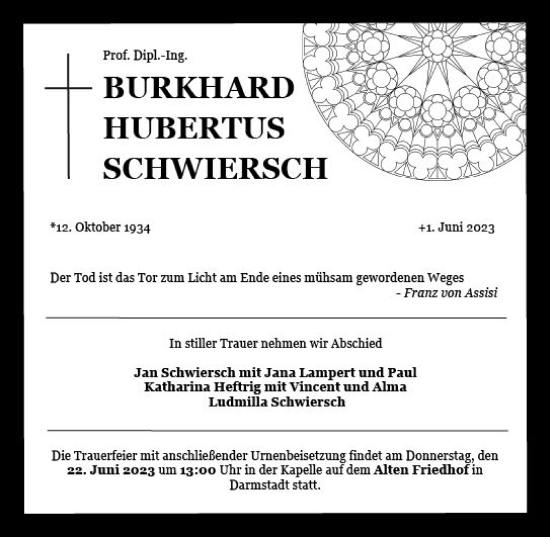 Traueranzeige von Burkhard Hubertus Schwiersch von Darmstädter Echo