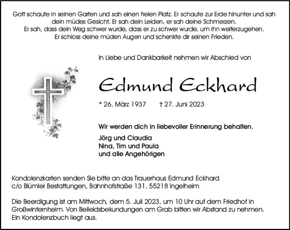 Traueranzeigen Von Edmund Eckhard | Www.vrm-trauer.de