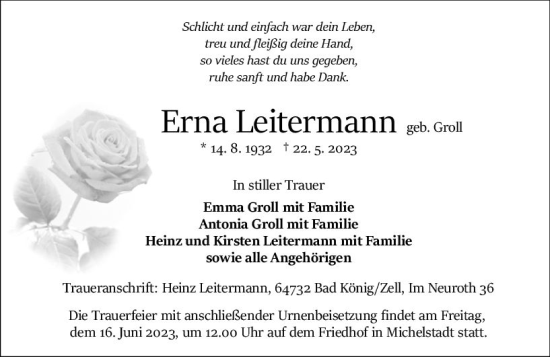 Traueranzeige von Erna Leitermann von Odenwälder Echo