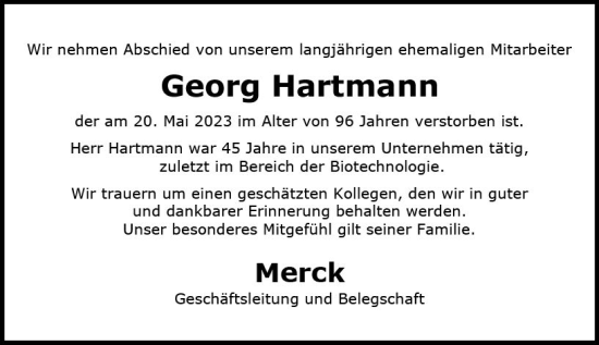 Traueranzeige von Georg Hartmann von Darmstädter Echo