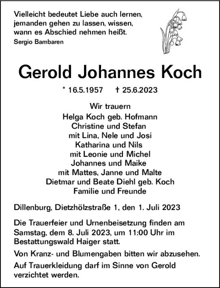  Traueranzeige für Gerold Johannes Koch vom 01.07.2023 aus Dill Block