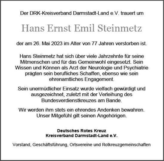 Traueranzeige von Hans Ernst Emil Steinmetz von Darmstädter Echo