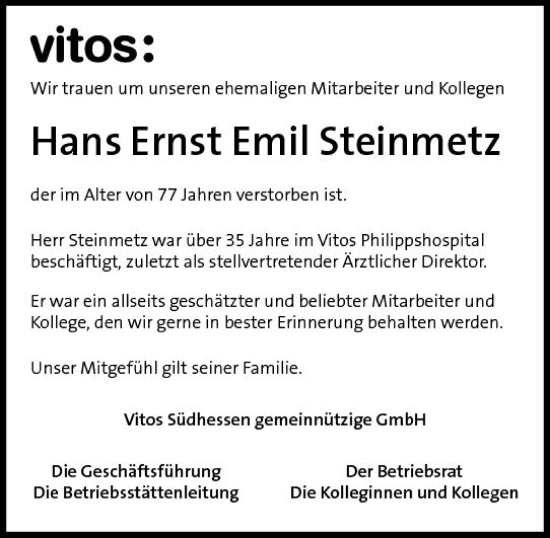 Traueranzeige von Hans Ernst Emil Steinmetz von Groß-Gerauer Echo