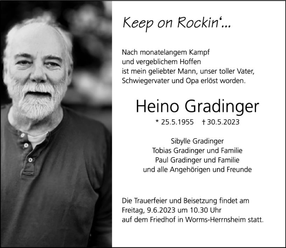  Traueranzeige für Heino Gradinger vom 03.06.2023 aus Wormser Zeitung