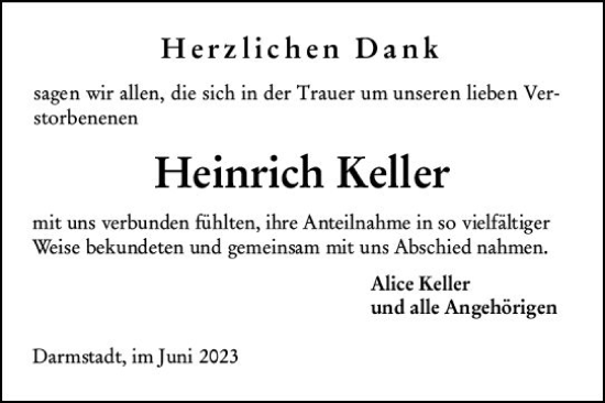 Traueranzeige von Heinrich Keller von Darmstädter Echo