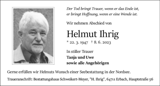 Traueranzeige von Helmut Ihrig von Odenwälder Echo