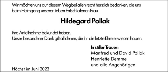 Traueranzeige von Hildegard Pollak von Odenwälder Echo