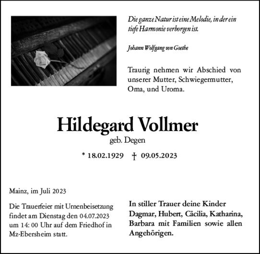 Traueranzeigen Von Hildegard Vollmer Vrm Trauerde