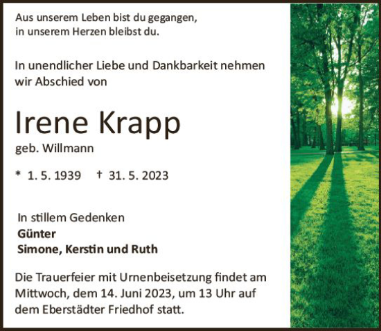 Traueranzeige von Irene Krapp von Darmstädter Echo