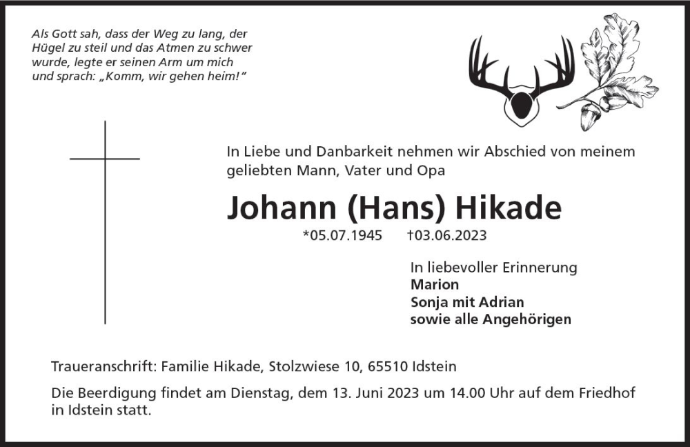  Traueranzeige für Johann Hikade vom 10.06.2023 aus Wiesbadener Kurier