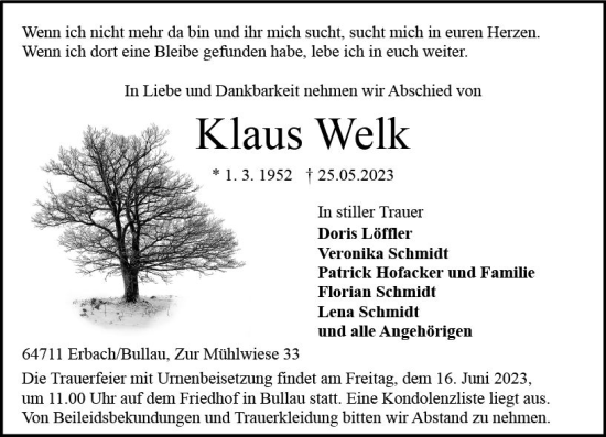 Traueranzeige von Klaus Welk von Odenwälder Echo