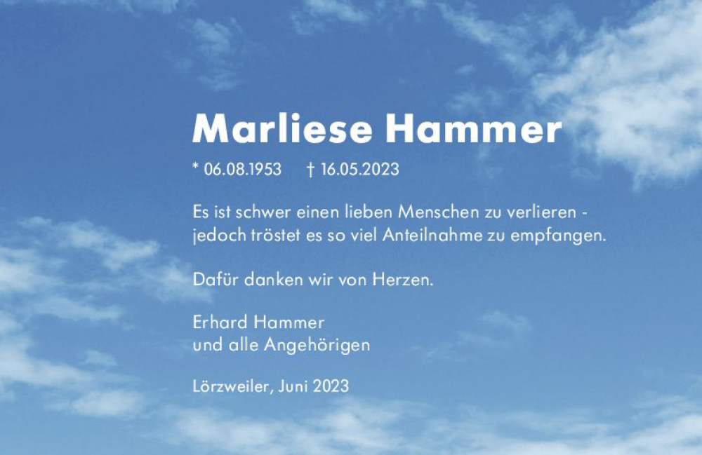  Traueranzeige für Marliese Hammer vom 01.07.2023 aus Allgemeine Zeitung Mainz