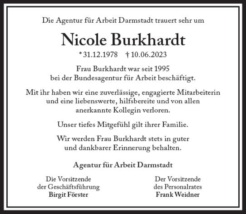  Traueranzeige für Nicole Burkhardt vom 19.06.2023 aus Darmstädter Echo