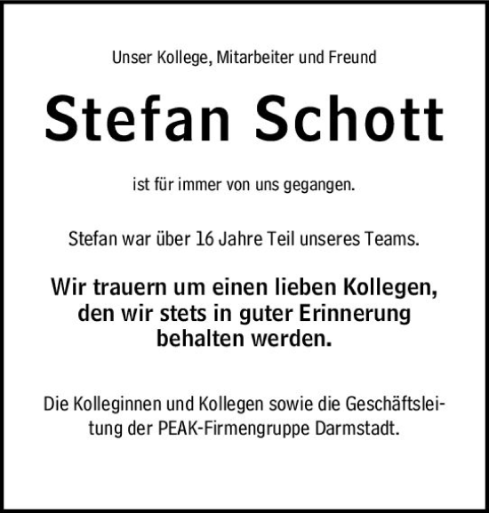 Traueranzeige von Stefan Schott von Dieburger Anzeiger/Groß-Zimmerner Lokal-Anzeiger