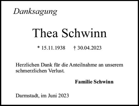 Traueranzeige von Thea Schwinn von Darmstädter Echo