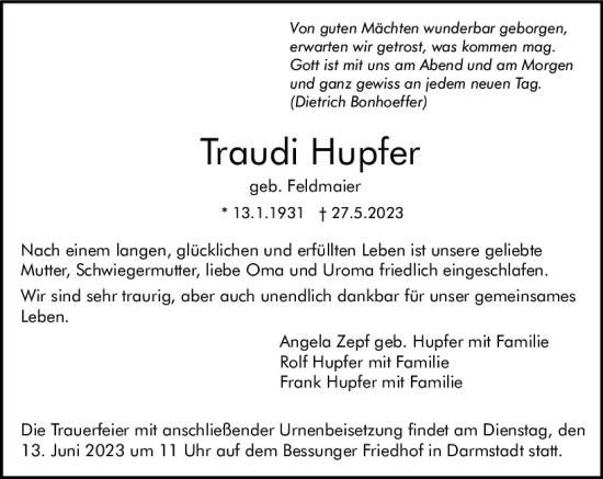 Traueranzeige von Traudi Hupfer von Darmstädter Echo