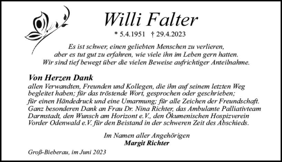 Traueranzeige von Willi Falter von Darmstädter Echo