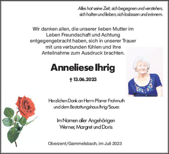 Traueranzeige von Anneliese Ihrig von Odenwälder Echo