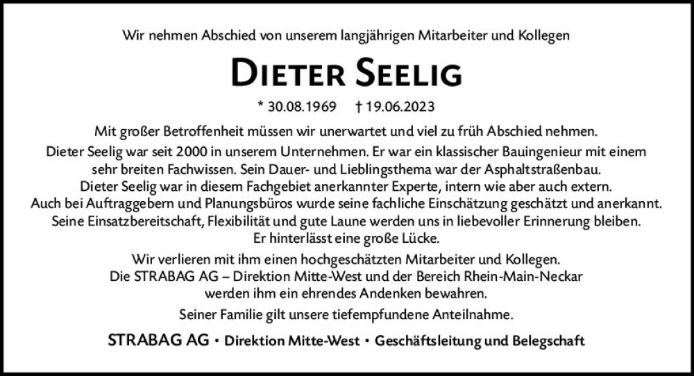  Traueranzeige für Dieter Seelig vom 05.07.2023 aus Darmstädter Echo