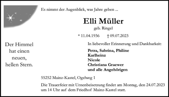 Traueranzeigen Von Elli Müller | Www.vrm-trauer.de