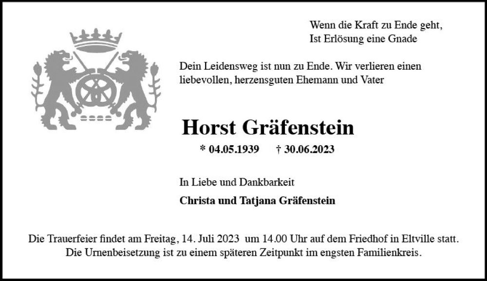  Traueranzeige für Horst Gräfenstein vom 08.07.2023 aus Rheingau Kurier