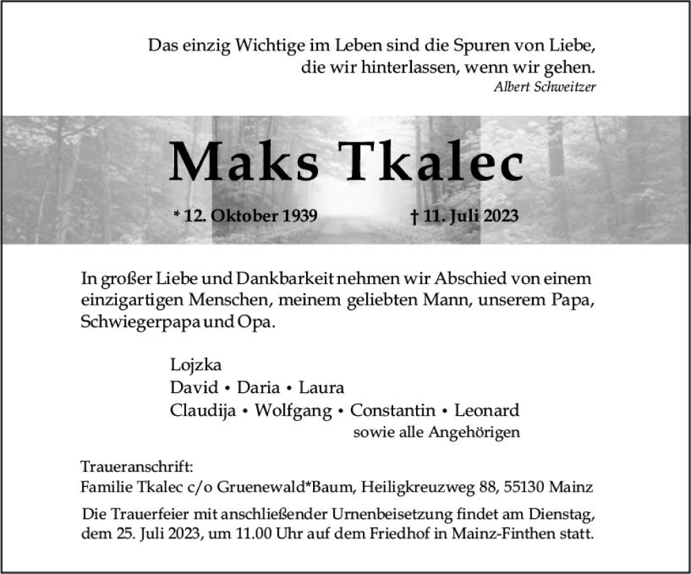  Traueranzeige für Maks Tkalec vom 22.07.2023 aus Allgemeine Zeitung Mainz